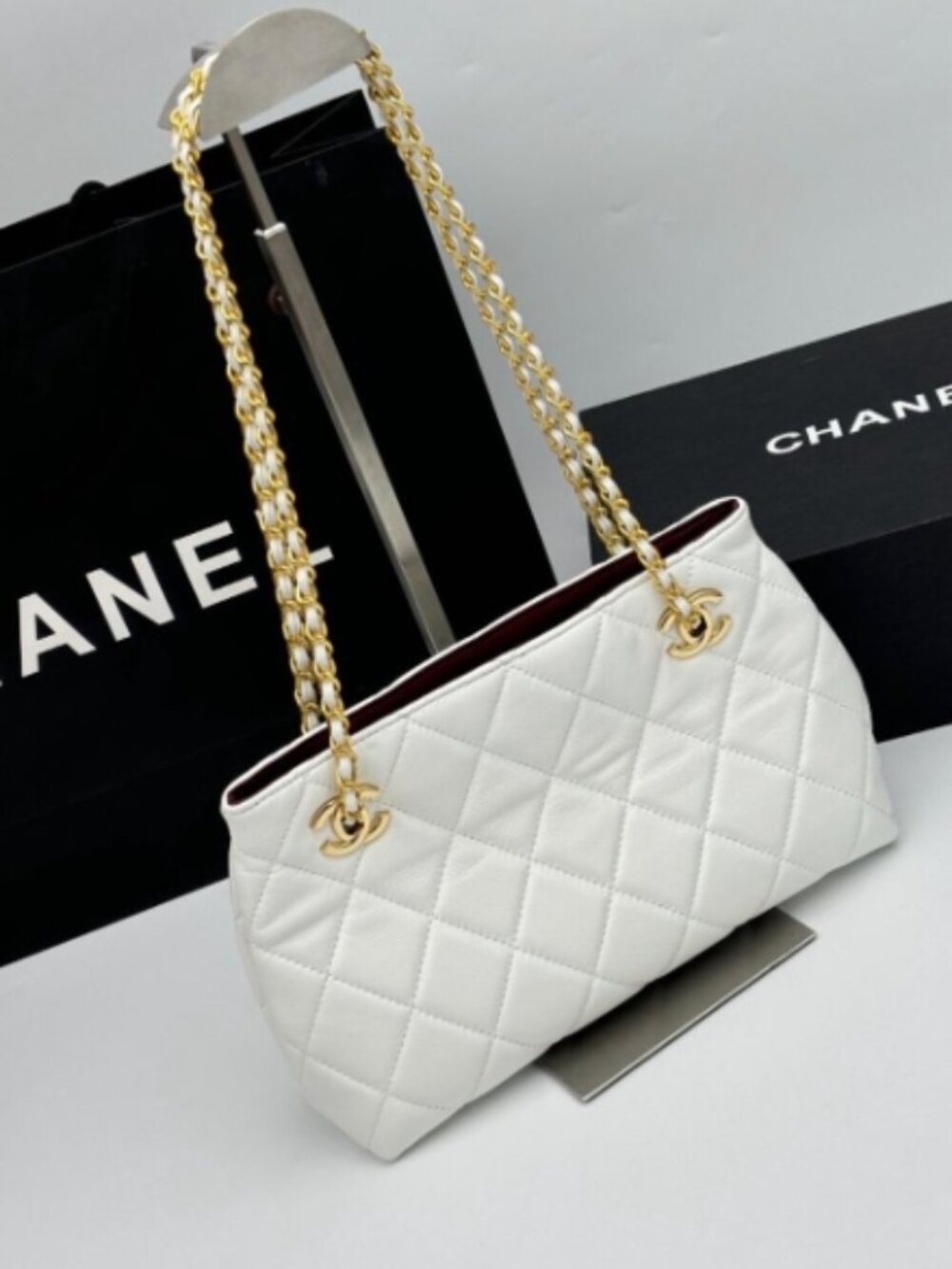 Chanel White Lambskin Quilted CC Turnlock Shoulder Tote Bag with Gold Ha